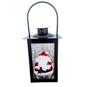 Stained Glass Christmas Lantern for Candles Santa Clause Iced Glass Background